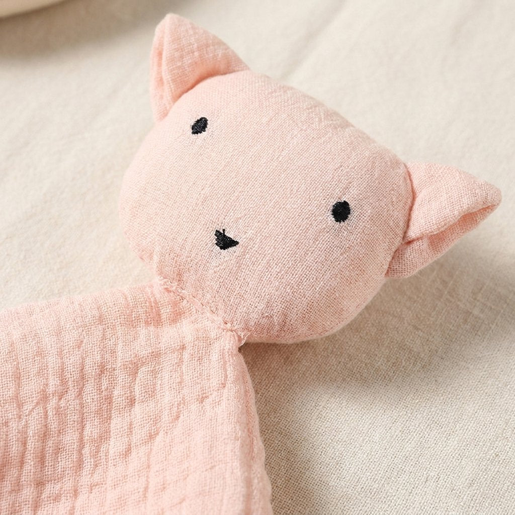 Détail de la tête brodée du doudou cochon