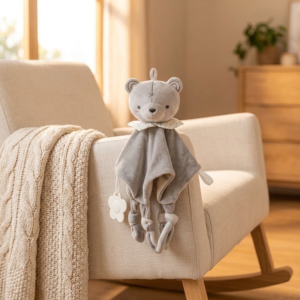 Doudou ourson gris posé sur un fauteuil Image