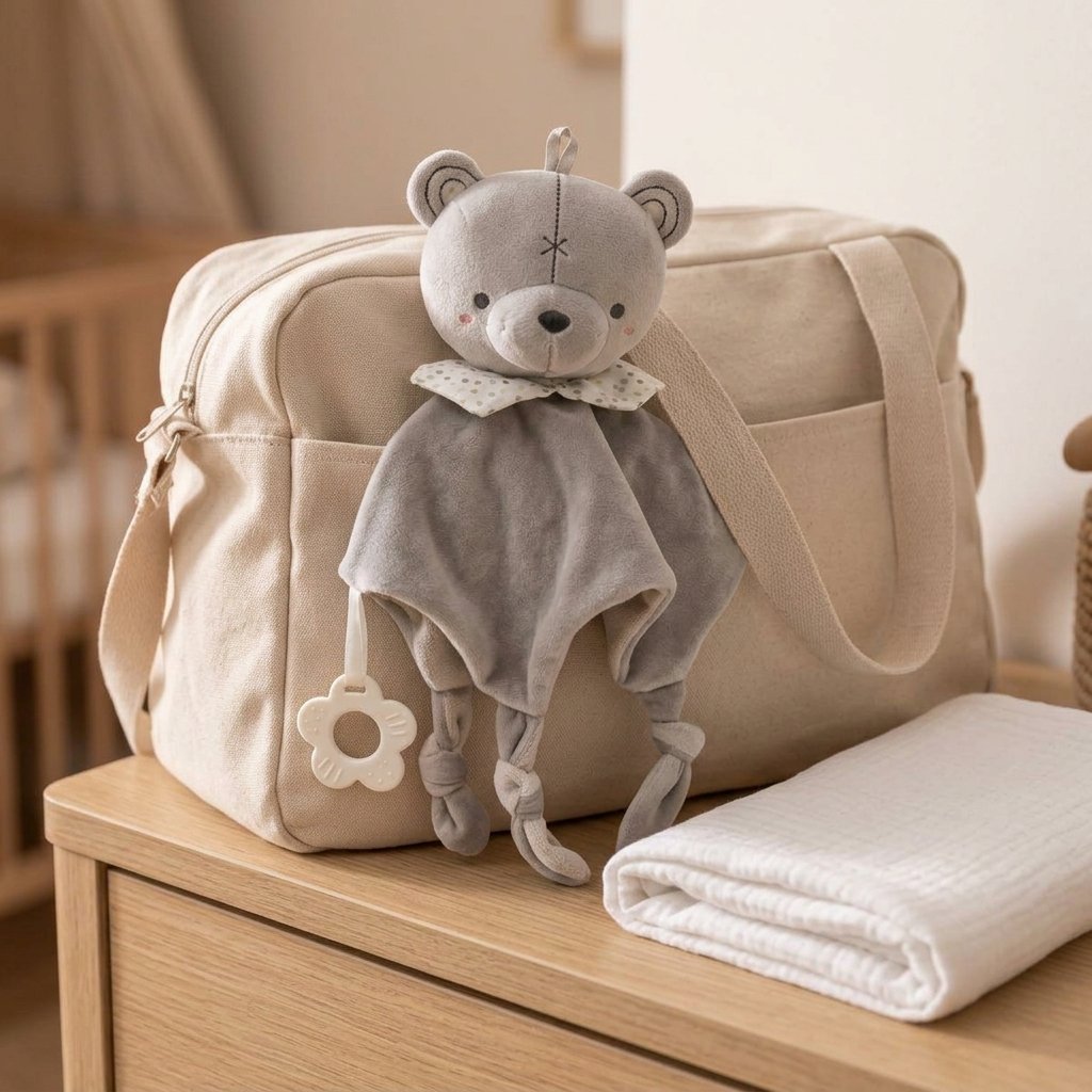 Doudou ourson qui dépasse d'un sac à langer