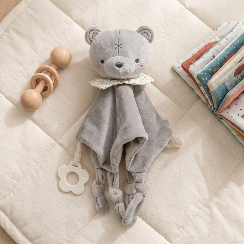 Doudou ourson sur un tapis de jeu
