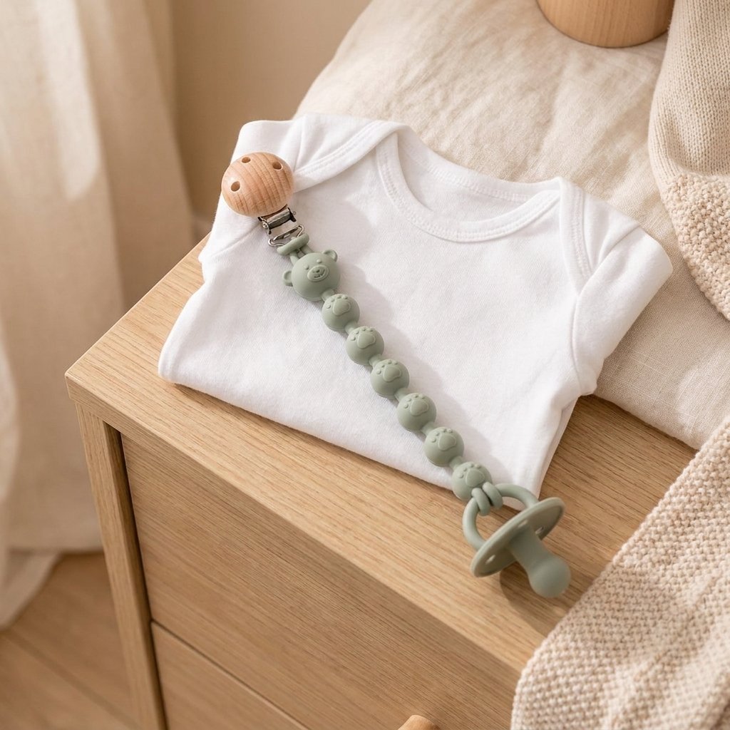 Attache-tétine oursons clipsée sur un body plié Image
