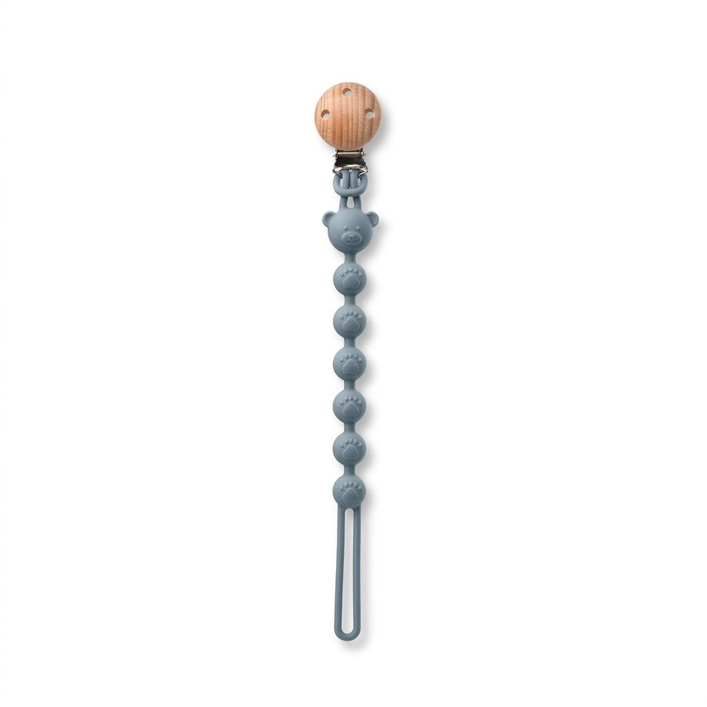 Attache-tétine oursons en silicone bleu gris, clip en bois