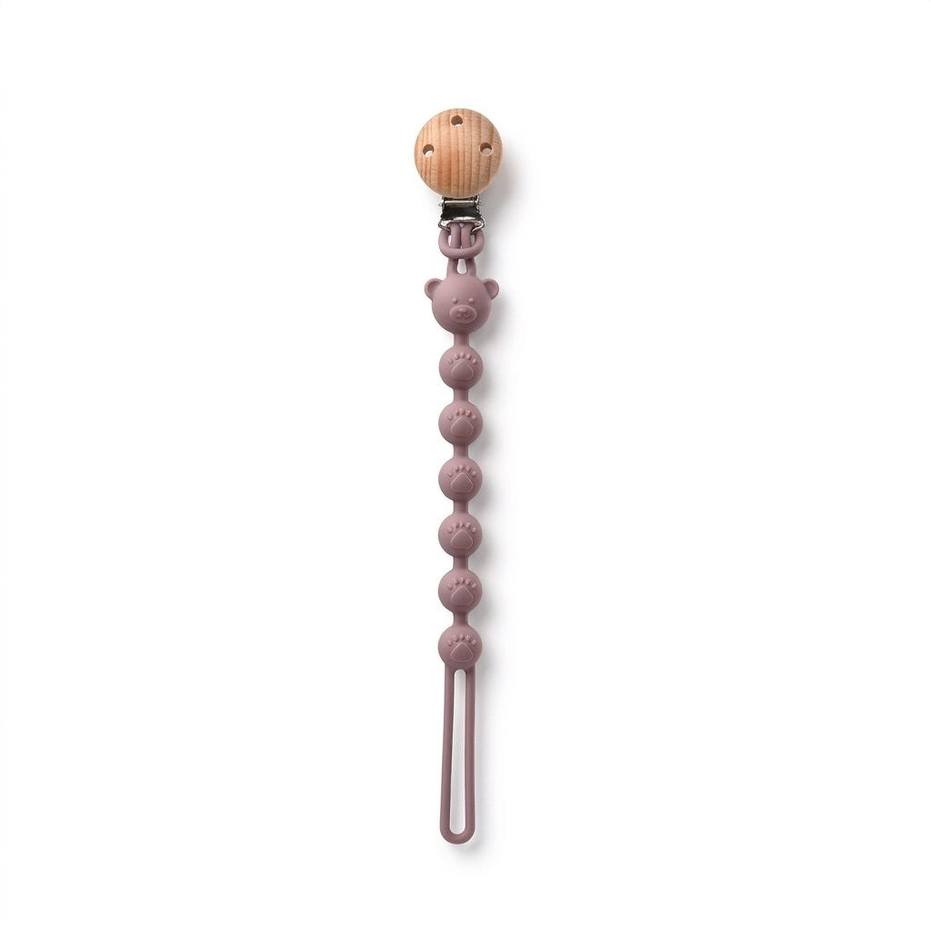 Attache-tétine oursons en silicone lilas, clip en bois