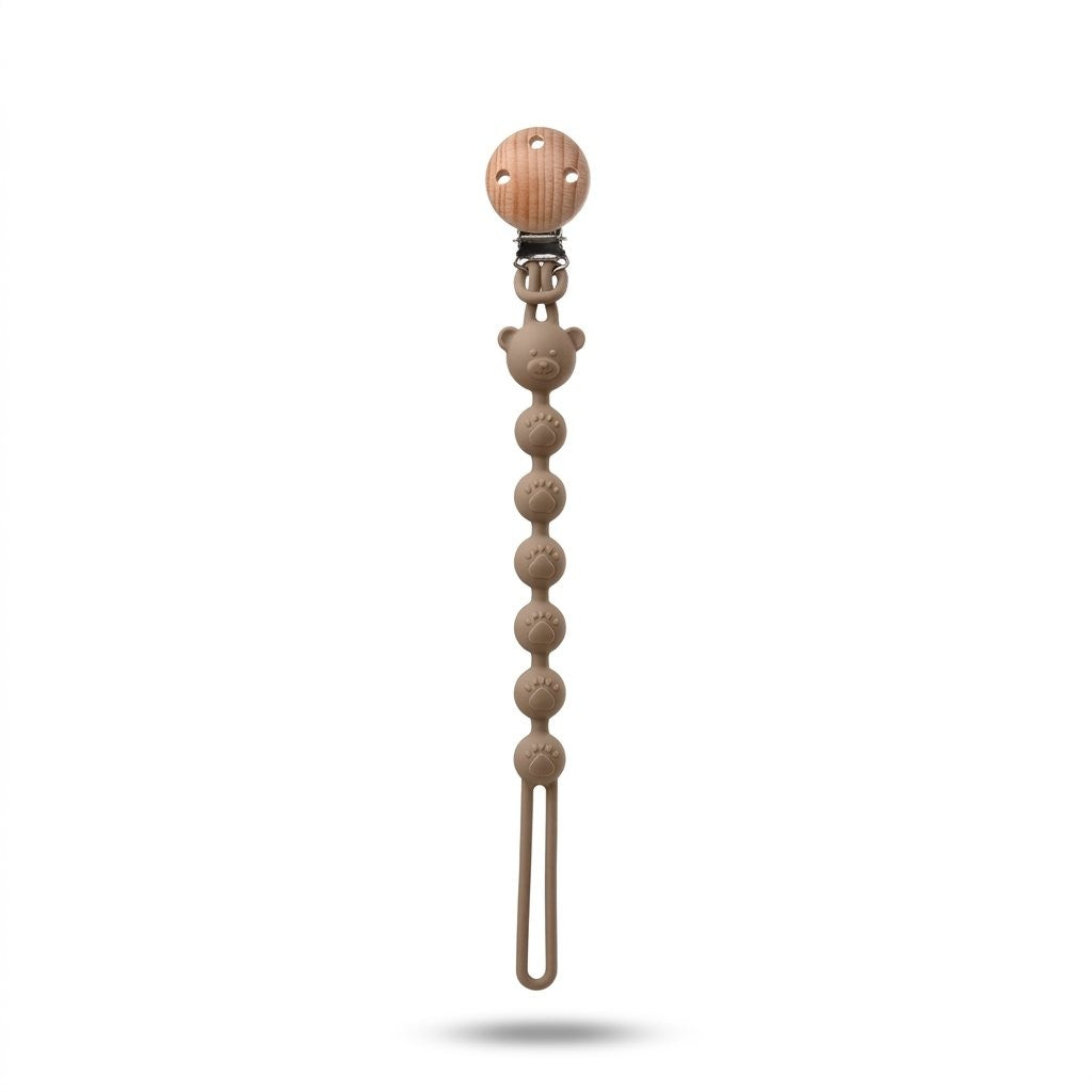 Attache-tétine oursons en silicone sable, clip en bois