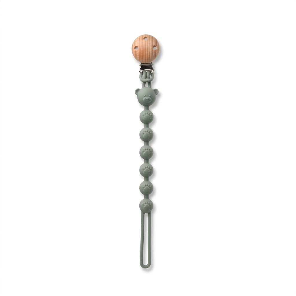 Attache-tétine oursons en silicone vert sauge, clip en bois