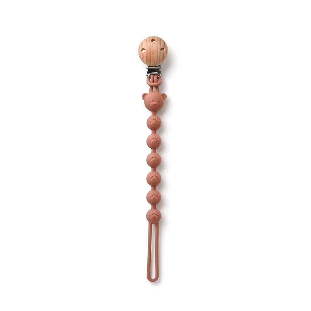 Attache-tétine oursons en silicone terracotta, clip en bois