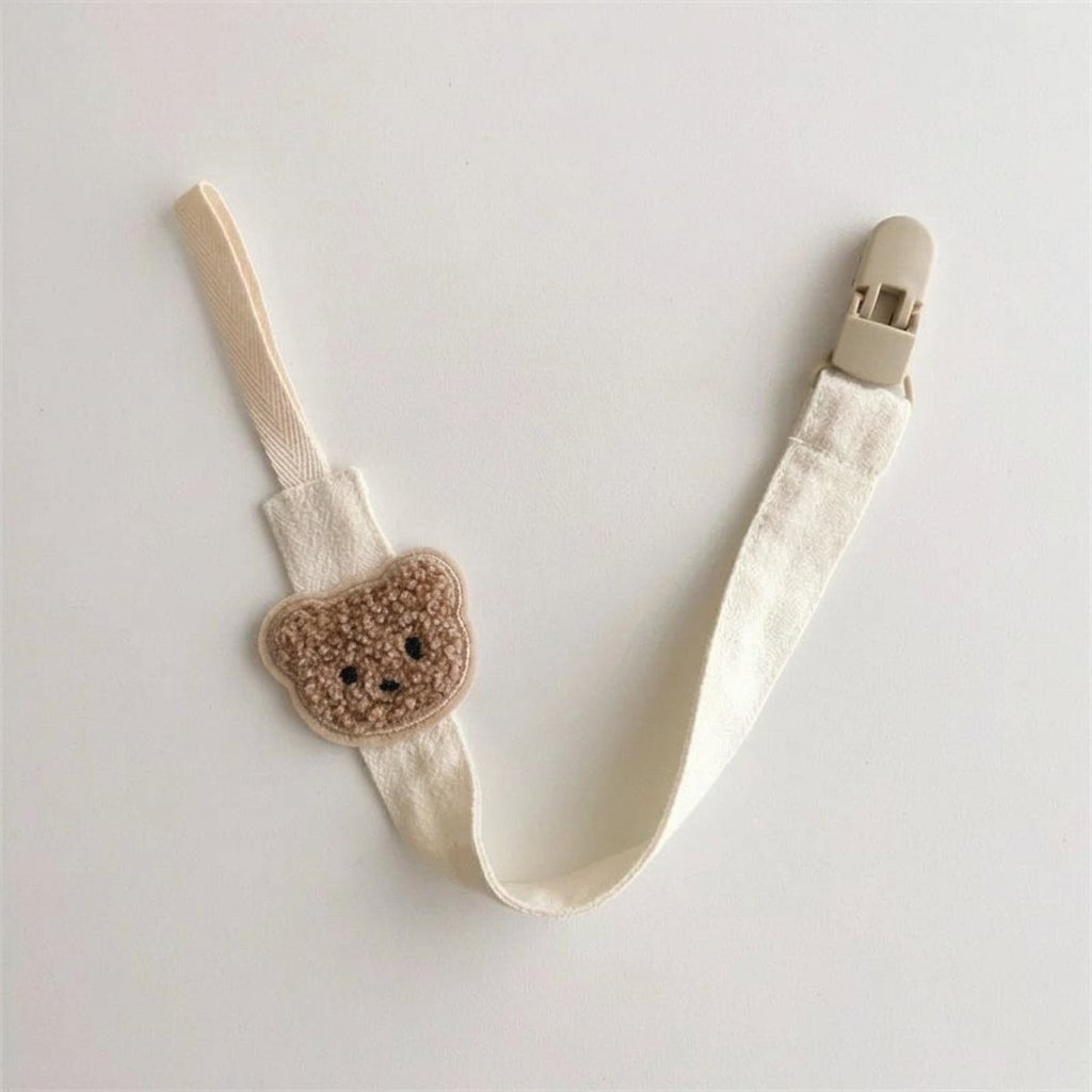 Attache tétine ourson en tissu blanc cassé