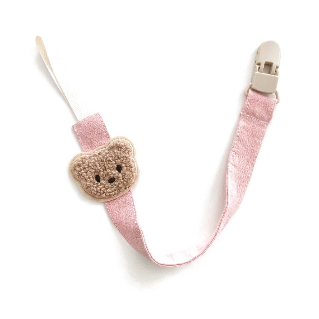 Attache tétine ourson en tissu rose