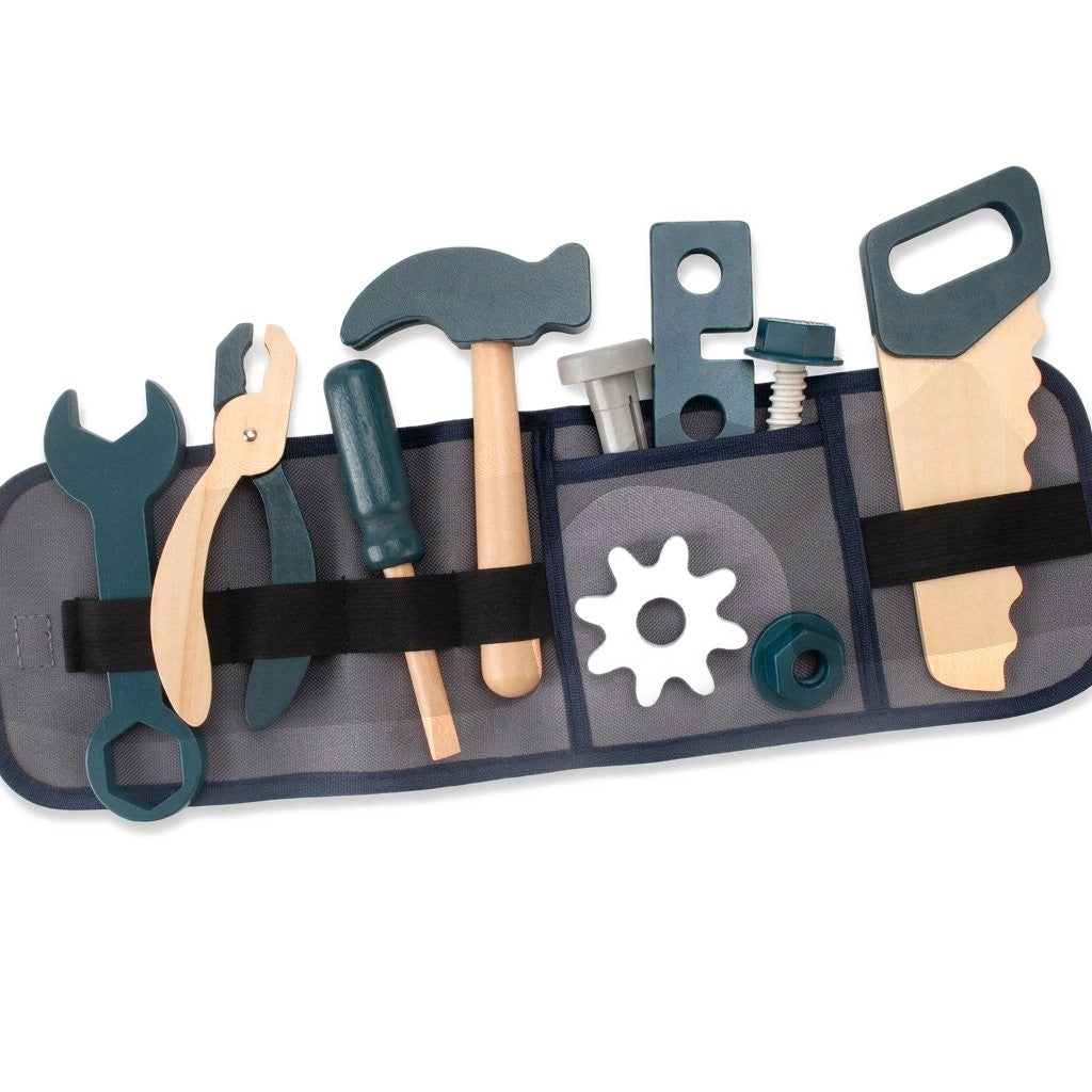 Ceinture à outils en tissu avec outils jouets en bois