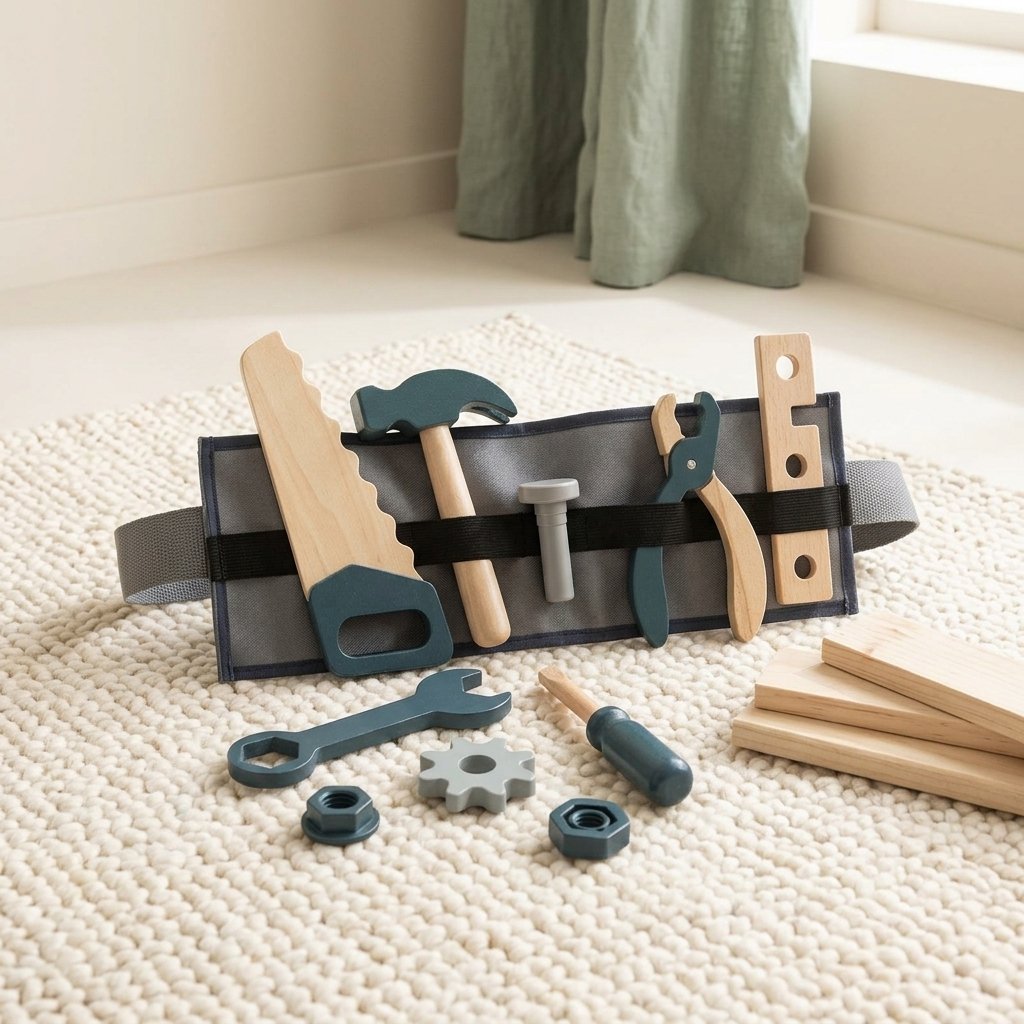 Ceinture à outils et outils en bois sur un tapis