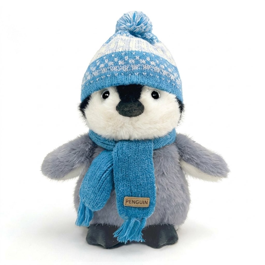 Peluche pingouin au bonnet et à l'écharpe tricotés bleus