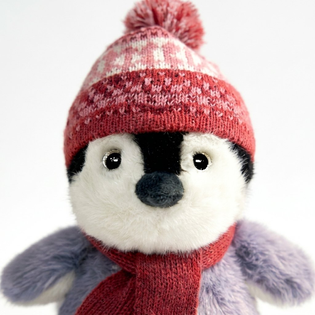 Gros plan sur le bonnet tricoté à pompon de la peluche pingouin Image