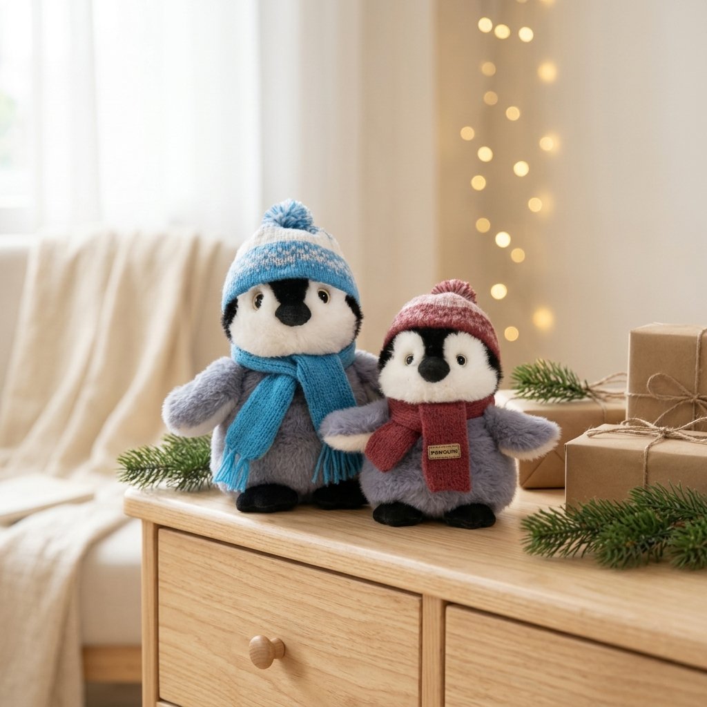Deux peluches pingouin, bonnet bleu et bonnet rouge, sur une commode
