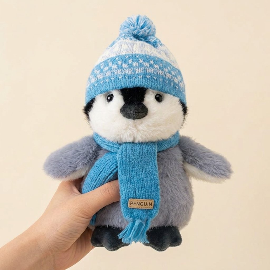 Main tenant la peluche pingouin au bonnet bleu