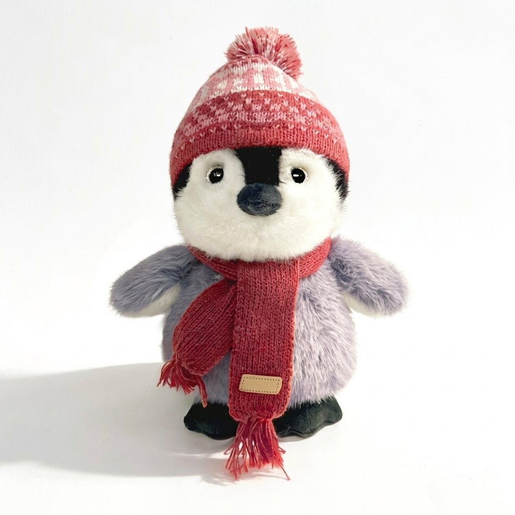 Peluche pingouin au bonnet et à l'écharpe tricotés rouges