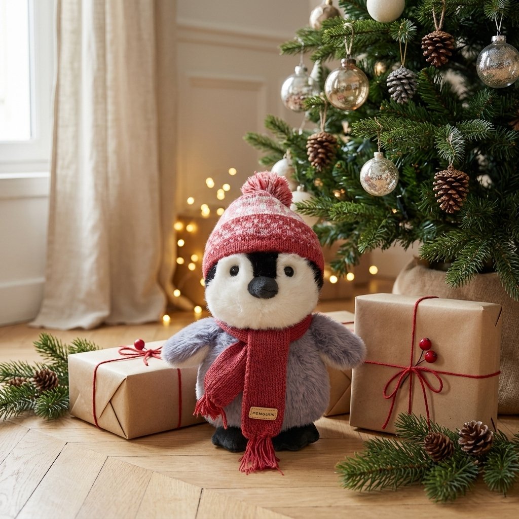 Peluche pingouin au bonnet rouge au pied d'un sapin de Noël