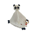 Doudou panda sur carré de coton blanc avec anneau en bois