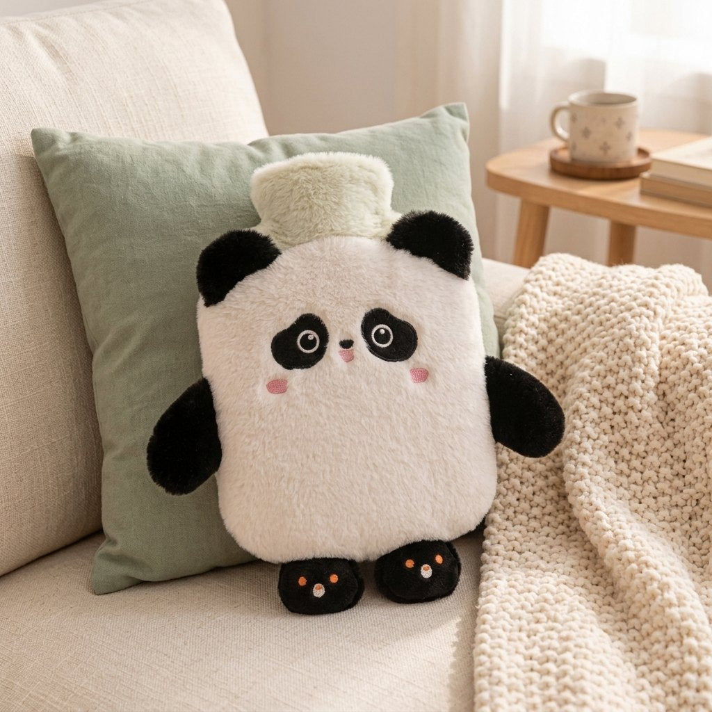 Bouillotte panda sur un canapé en lin avec un coussin sauge Image