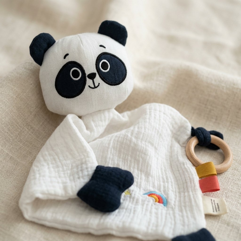 Détail de la tête brodée du doudou panda