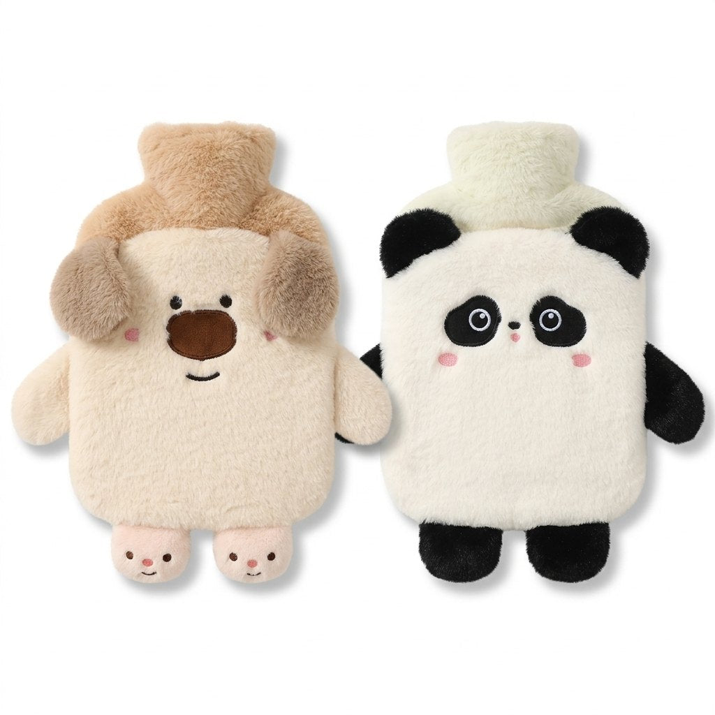 Bouillottes panda et chien côte à côte