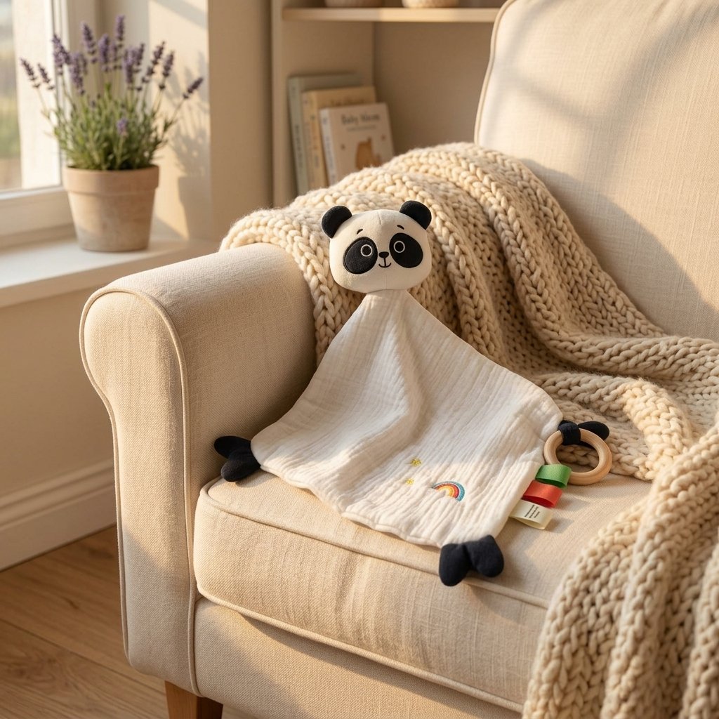 Doudou panda posé sur un fauteuil