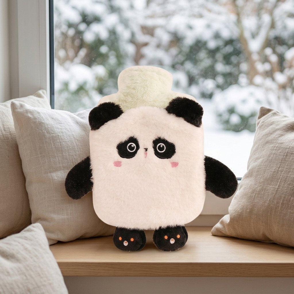 Bouillotte panda sur un rebord de fenêtre en hiver