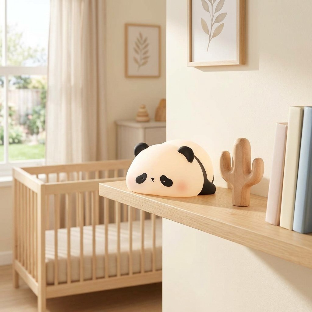 Veilleuse panda sur une étagère de chambre d'enfant