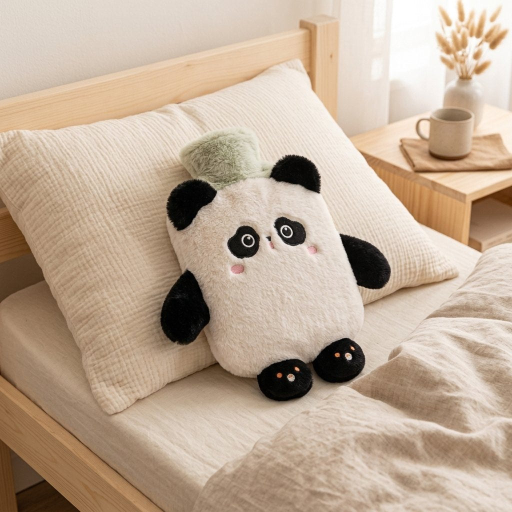 Bouillotte panda sur l’oreiller d’un lit d’enfant