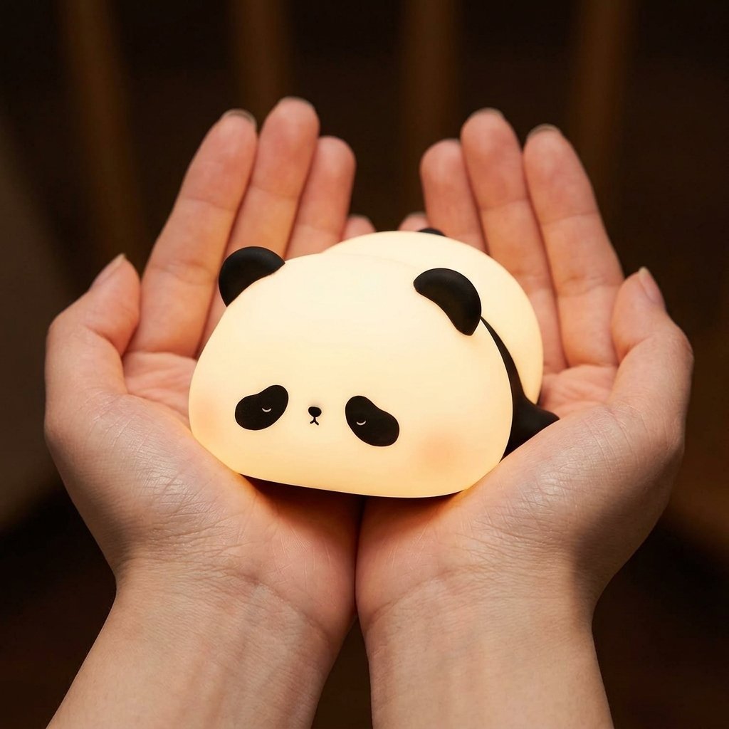 Veilleuse panda tenue dans les mains pour montrer sa taille