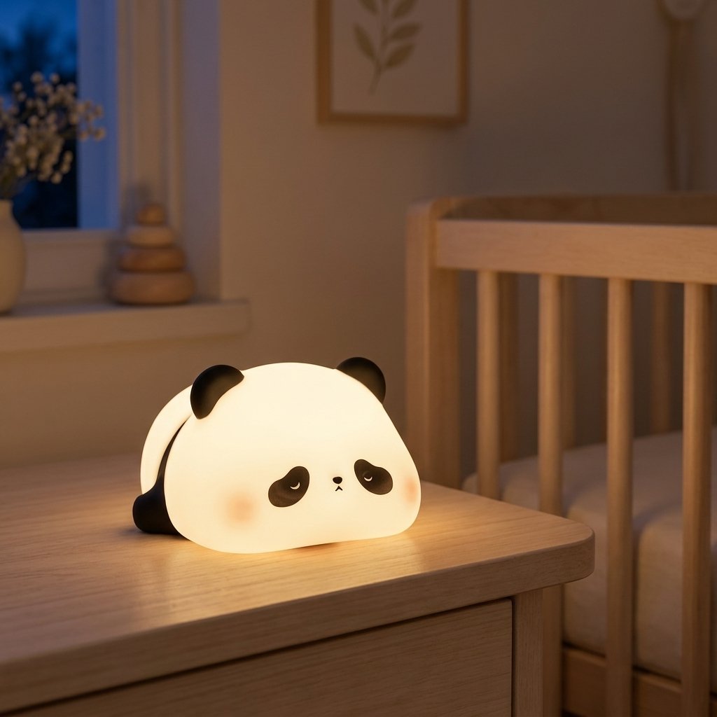 Veilleuse panda allumée sur une table de chevet Image