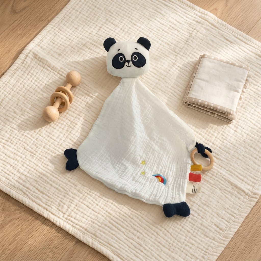 Doudou panda sur un tapis de jeu