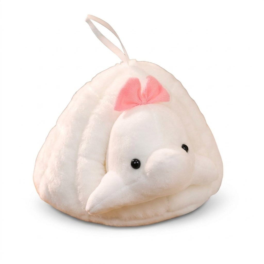 Peluche igloo blanche avec une petite baleine blanche à nœud rose