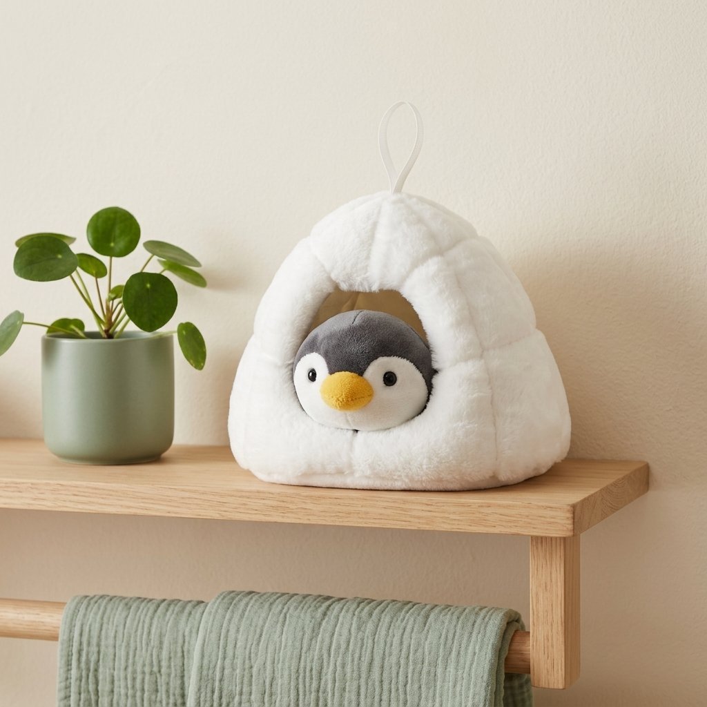 Peluche igloo et son pingouin sur une étagère de chambre d'enfant