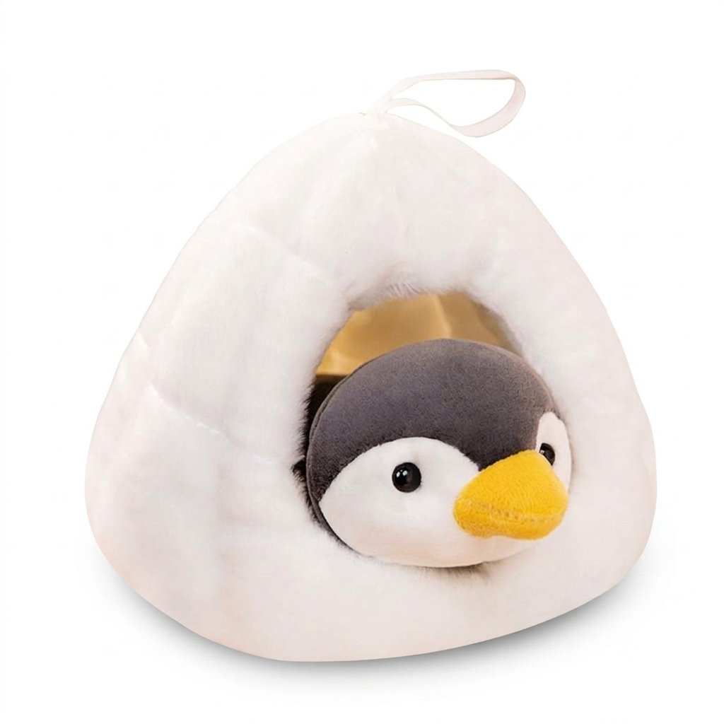 Peluche igloo blanche avec un petit pingouin à l'intérieur