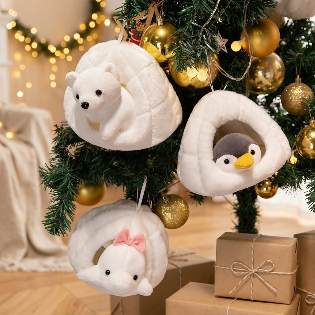 Trois peluches igloo suspendues dans un sapin de Noël