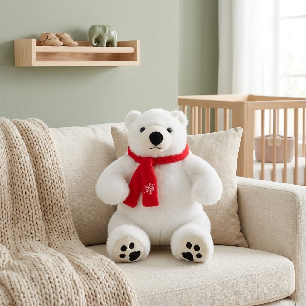 Peluche ours polaire assise sur un canapé en lin