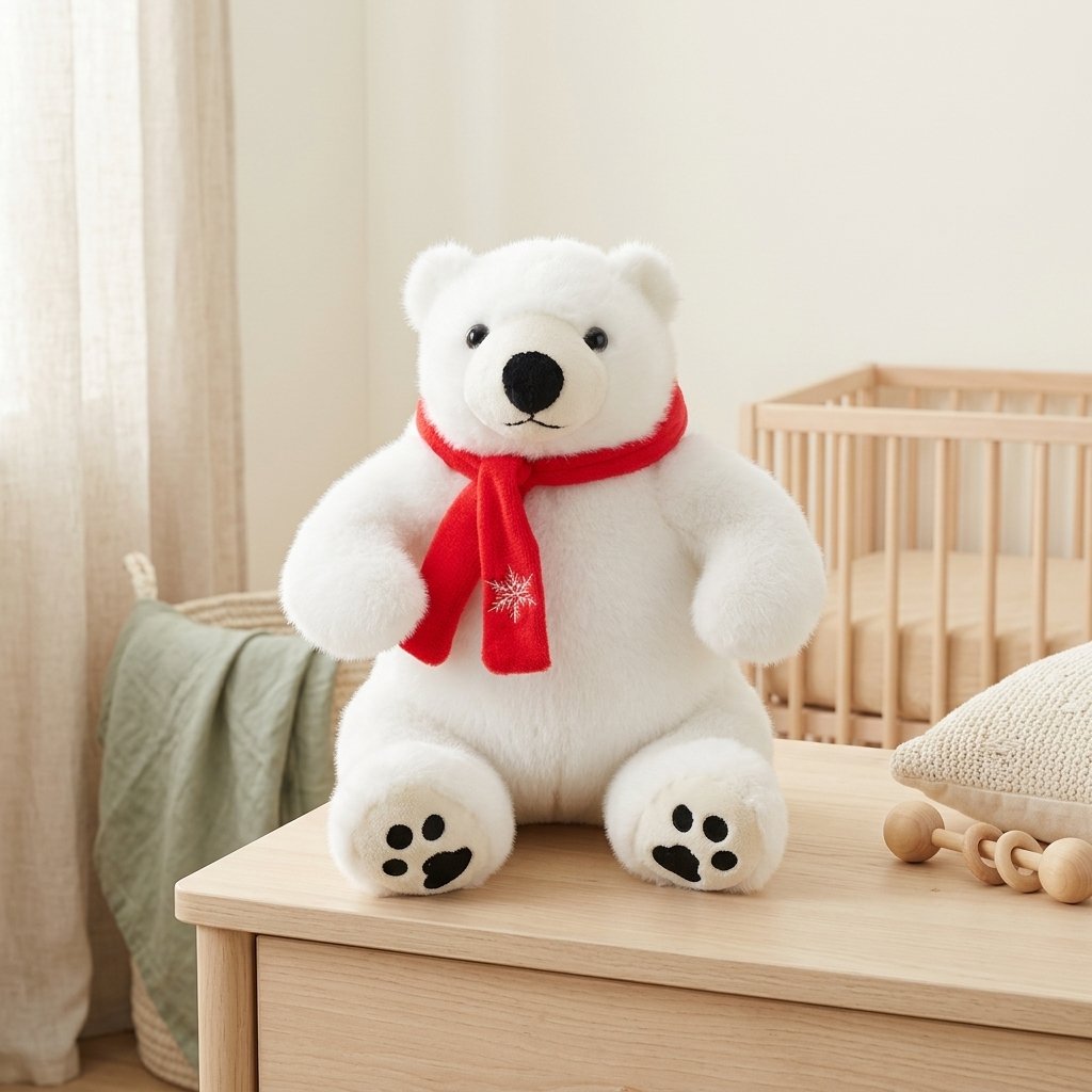 Peluche ours polaire assise sur une commode de chambre d'enfant