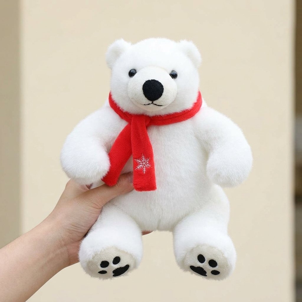 Main tenant la peluche ours polaire sous les bras