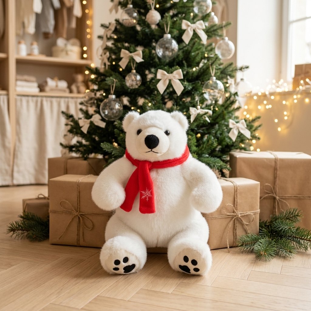 Peluche ours polaire au pied d'un sapin de Noël avec des cadeaux Image
