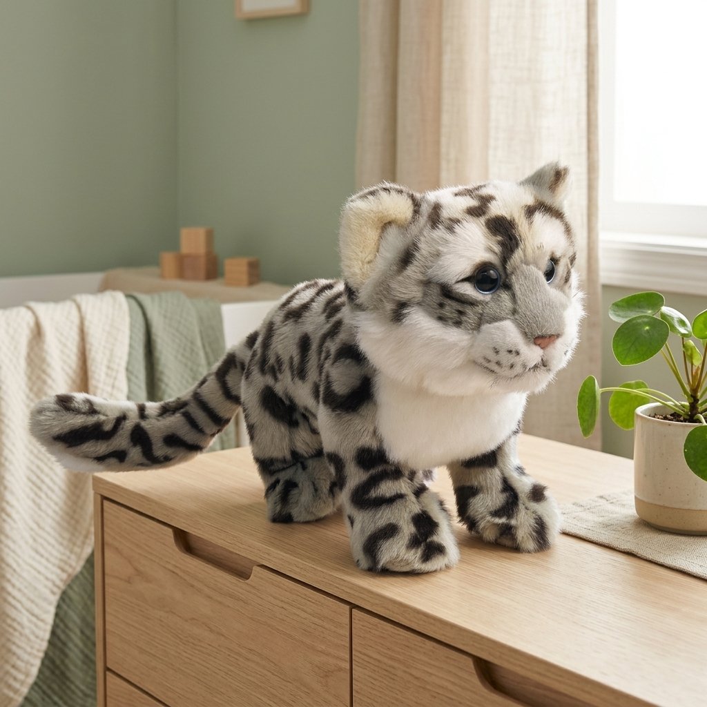 Peluche léopard des neiges debout sur une commode de chambre