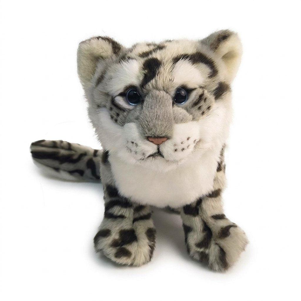 Peluche léopard des neiges réaliste debout, poils gris tachetés