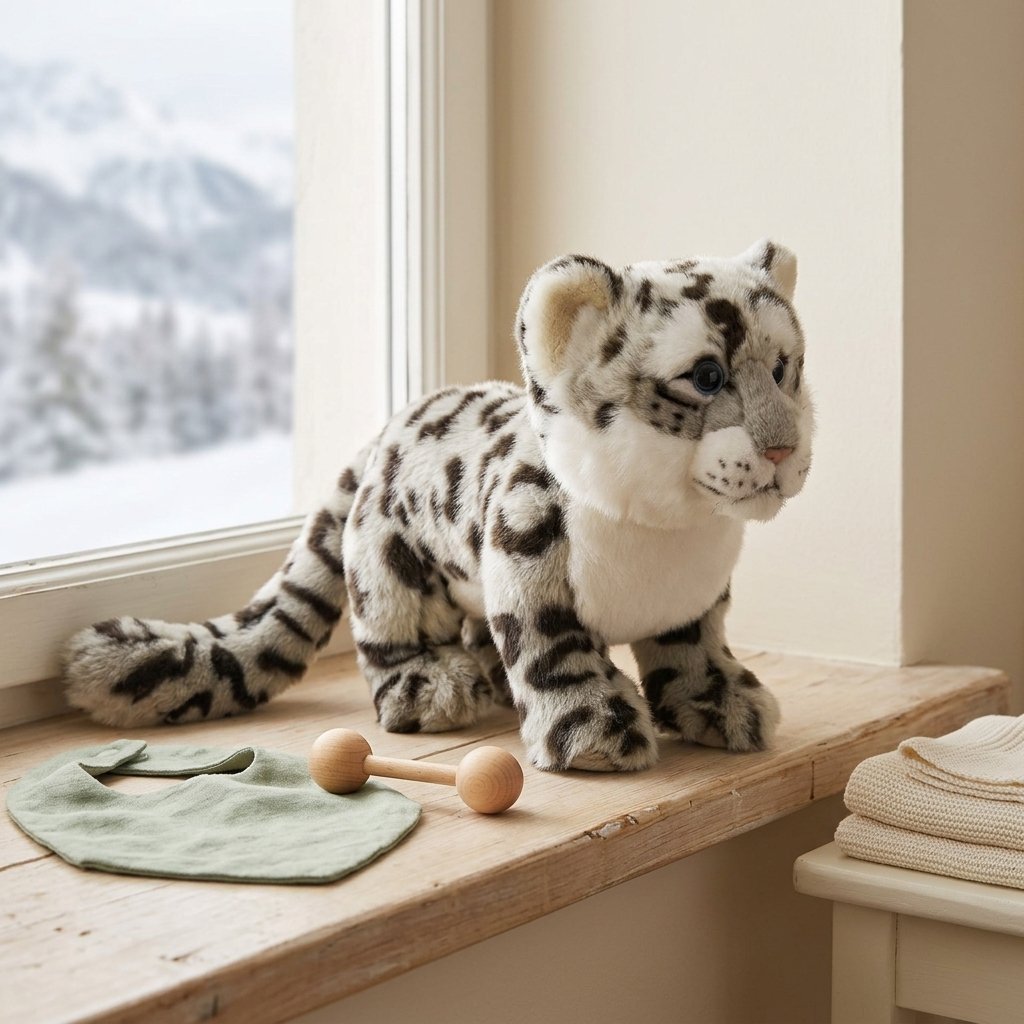 Peluche léopard des neiges sur un rebord de fenêtre devant la neige