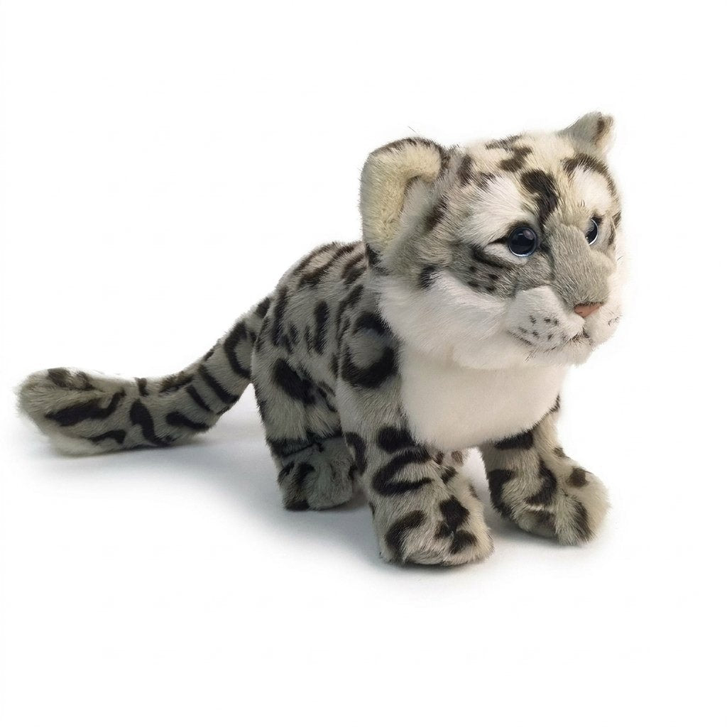 Peluche léopard des neiges vue de profil avec sa longue queue