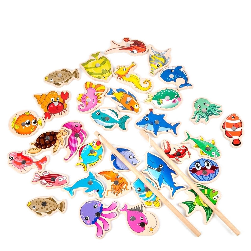 Jeu de pêche magnétique : poissons et animaux marins en bois et deux cannes