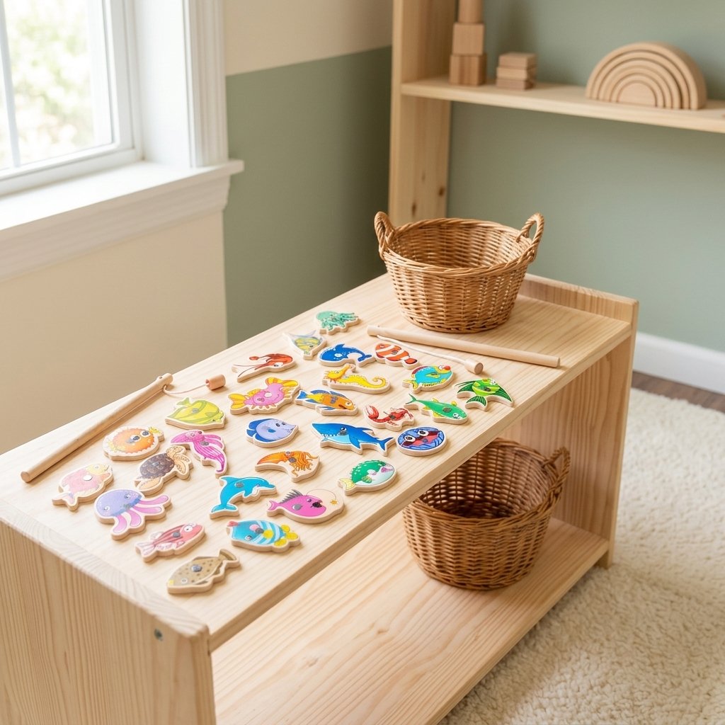 Jeu de pêche magnétique sur une étagère basse en bois