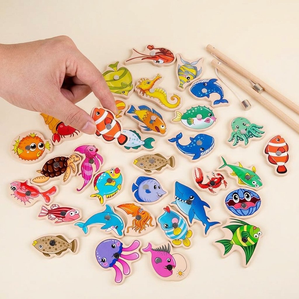 Jeu de pêche magnétique tenu dans une main d'adulte