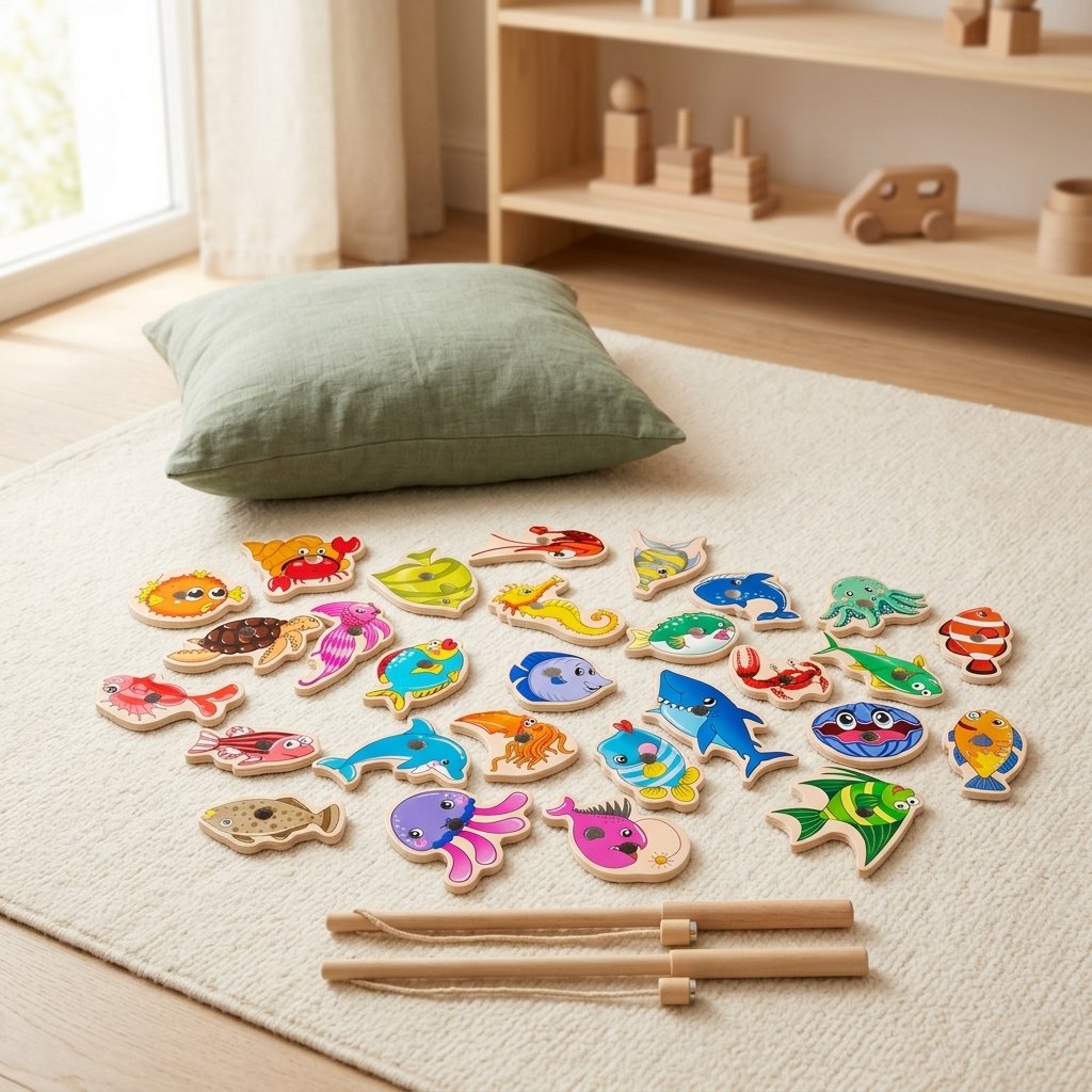 Jeu de pêche magnétique posé sur un tapis crème