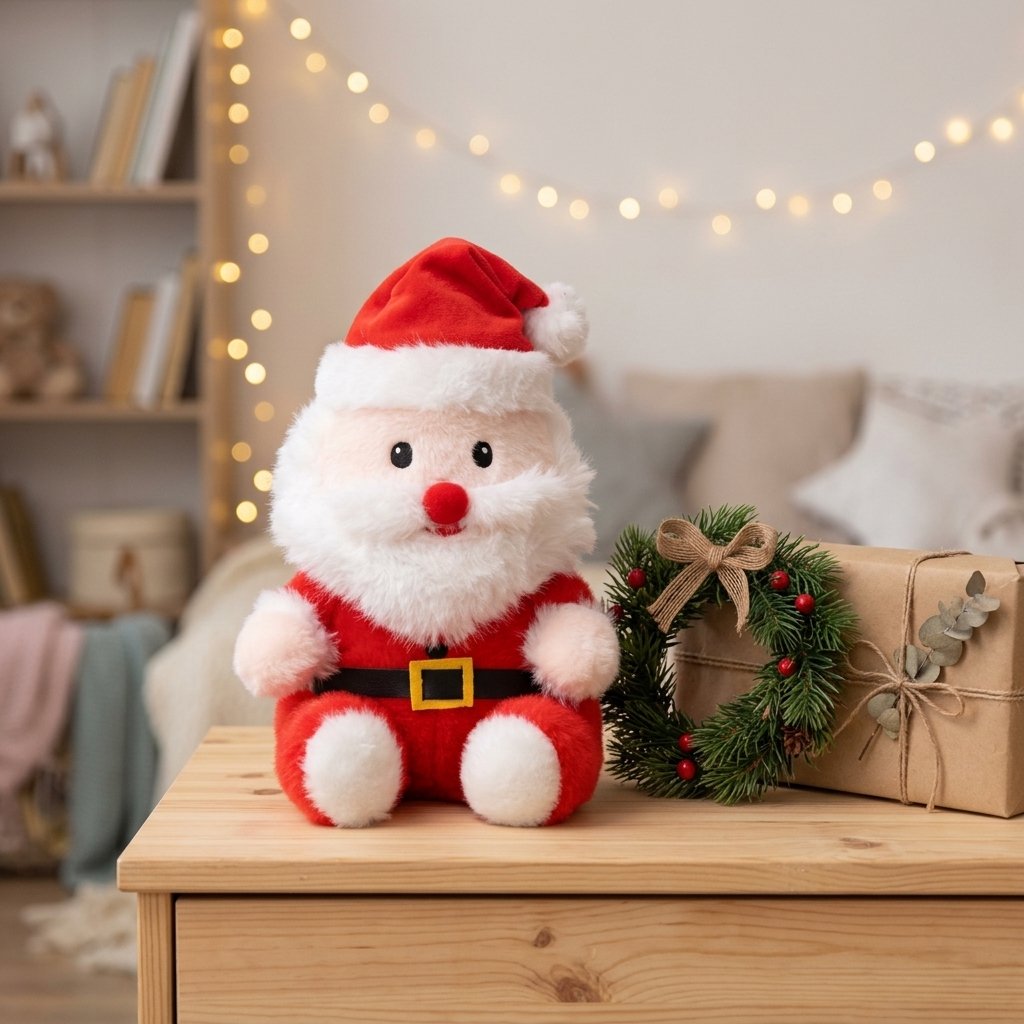Peluche Père Noël sur une commode avec une couronne de sapin
