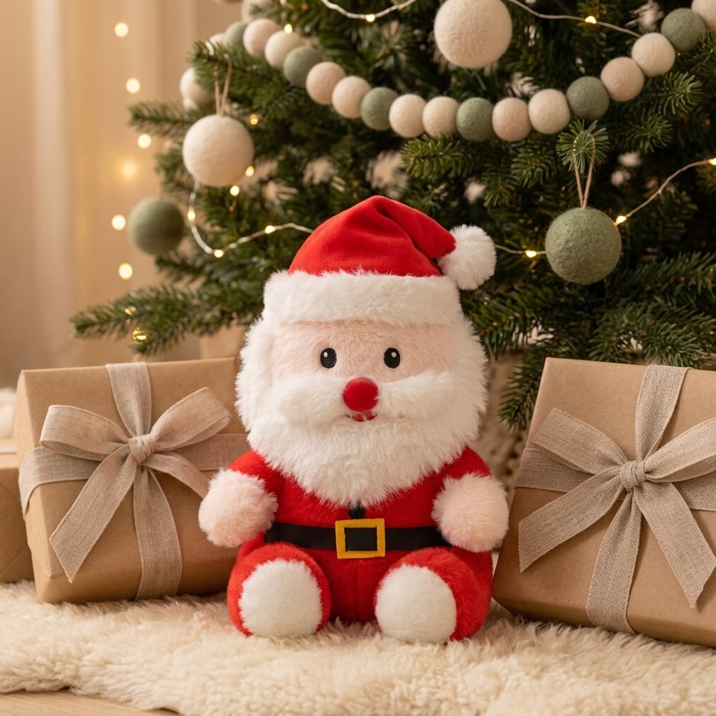 Peluche Père Noël au pied d'un sapin avec des paquets kraft