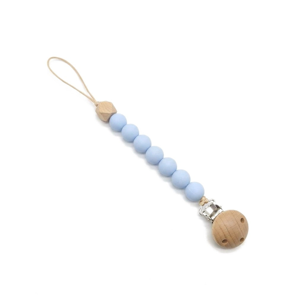 Attache-tétine perles en silicone bleu ciel, clip en bois